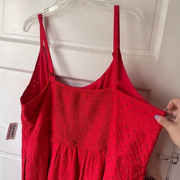 Old Navy Babydoll Mini Dress Embroidered Red Lace Eyelet Smocked Pockets Stretch - Picture 7 of 16